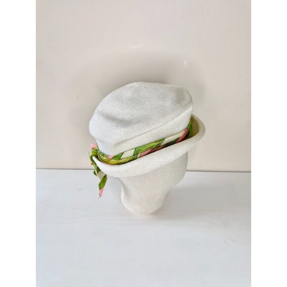 Vintage White Basketweave Green Pink Satin Twill Tie Bucket Hat - Picture 5 of 16
